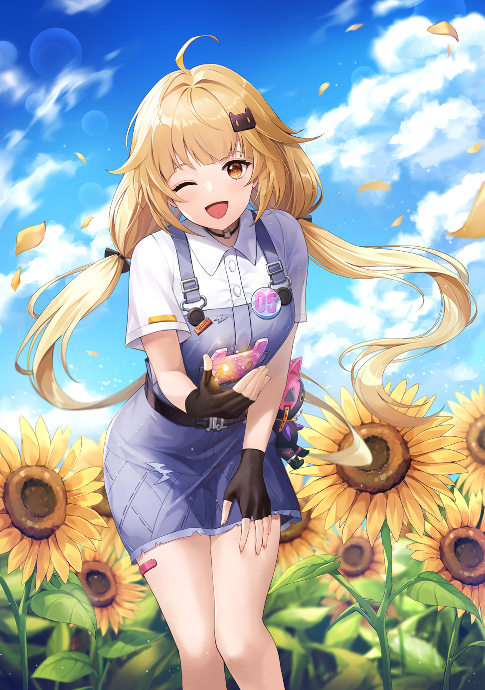 1girl ;d ahoge belt black_choker black_gloves blonde_hair blue_skirt choker clouds collared_shirt day fingerless_gloves flower gloves hair_ornament hairclip hand_on_own_thigh highres long_hair looking_at_viewer low_twintails lunacle one_eye_closed open_mouth orange_eyes outdoors overall_skirt overalls shirli_(tower_of_fantasy) shirt short_sleeves skirt smile solo standing sunflower sunlight thighs tower_of_fantasy twintails white_shirt