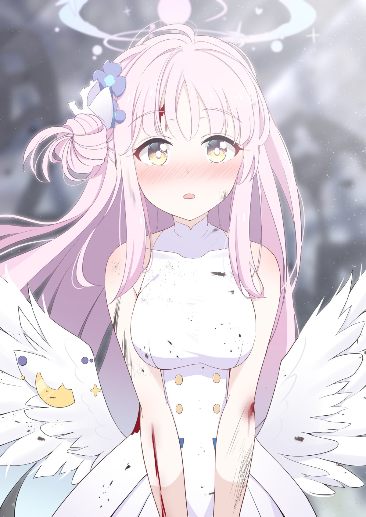 1girl angel_wings bangs bare_shoulders blue_archive blue_bow blush bow dress feathered_wings flower hair_bun hair_flower hair_ornament halo highres hoshino_ouka long_hair looking_at_viewer low_wings mika_(blue_archive) open_mouth pink_hair single_hair_bun single_side_bun very_long_hair white_dress white_wings wings yellow_eyes