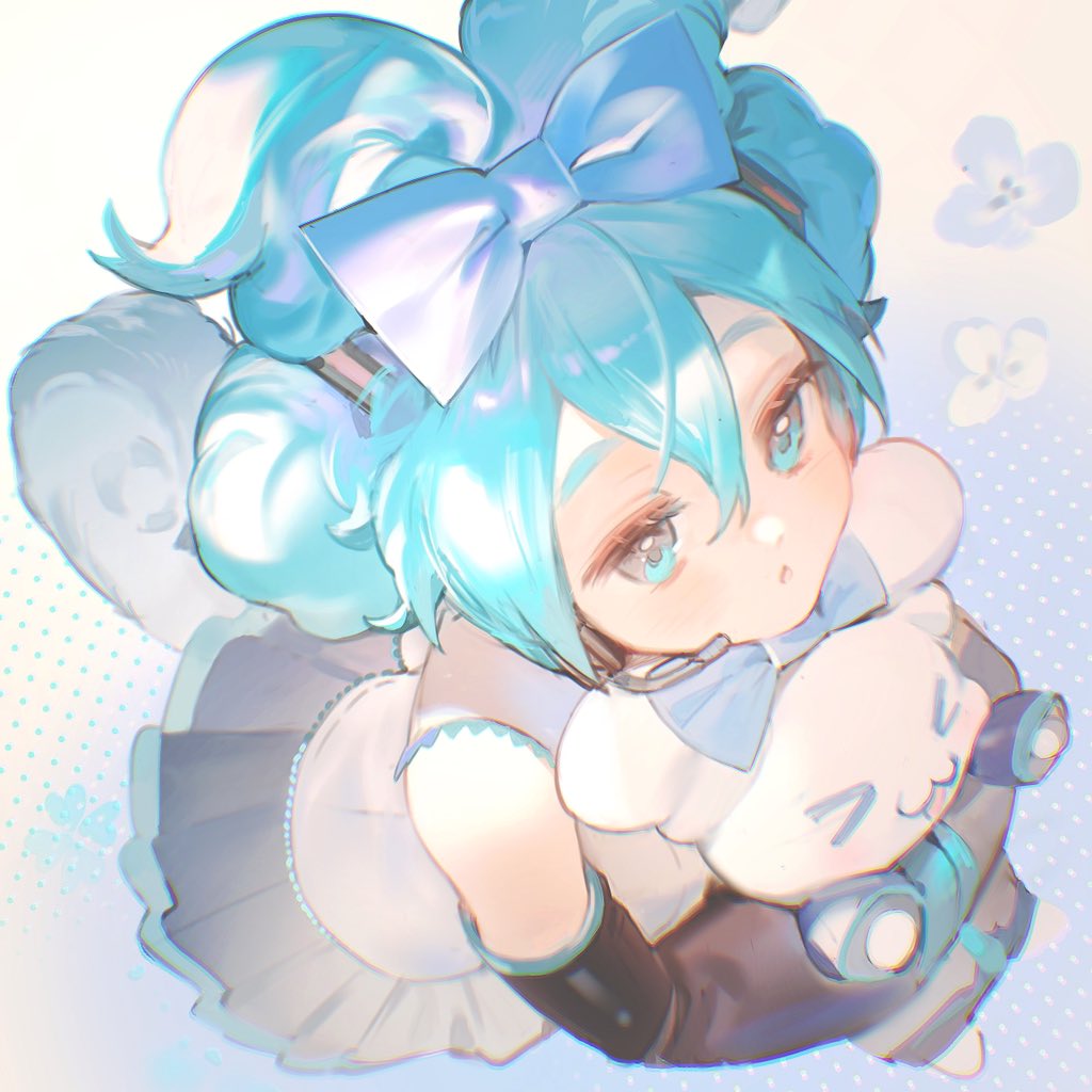 1girl alternate_hairstyle aqua_eyes aqua_hair black_skirt blue_ribbon chestnut_mouth cinnamoroll detached_sleeves doll_hug expressionless flower grey_vest hair_ribbon hatsune_miku headset long_hair object_hug pleated_skirt ribbon rumoon skirt stuffed_toy twintails vest vocaloid