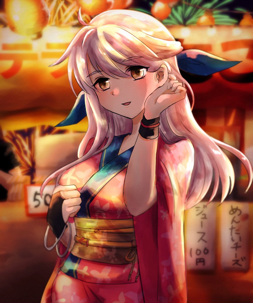 1girl :d animal_print bangs black_gloves blush bridal_gauntlets butterfly_print cowboy_shot festival fire_emblem fire_emblem:_radiant_dawn fire_emblem_heroes gloves grey_hair japanese_clothes kimono kura_(okura_eekura) lantern lantern_festival light_rays long_hair long_sleeves micaiah_(fire_emblem) obi official_alternate_costume paper_lantern red_kimono sash single_bridal_gauntlet sky_lantern smile solo summer_festival wide_sleeves yellow_eyes yukata