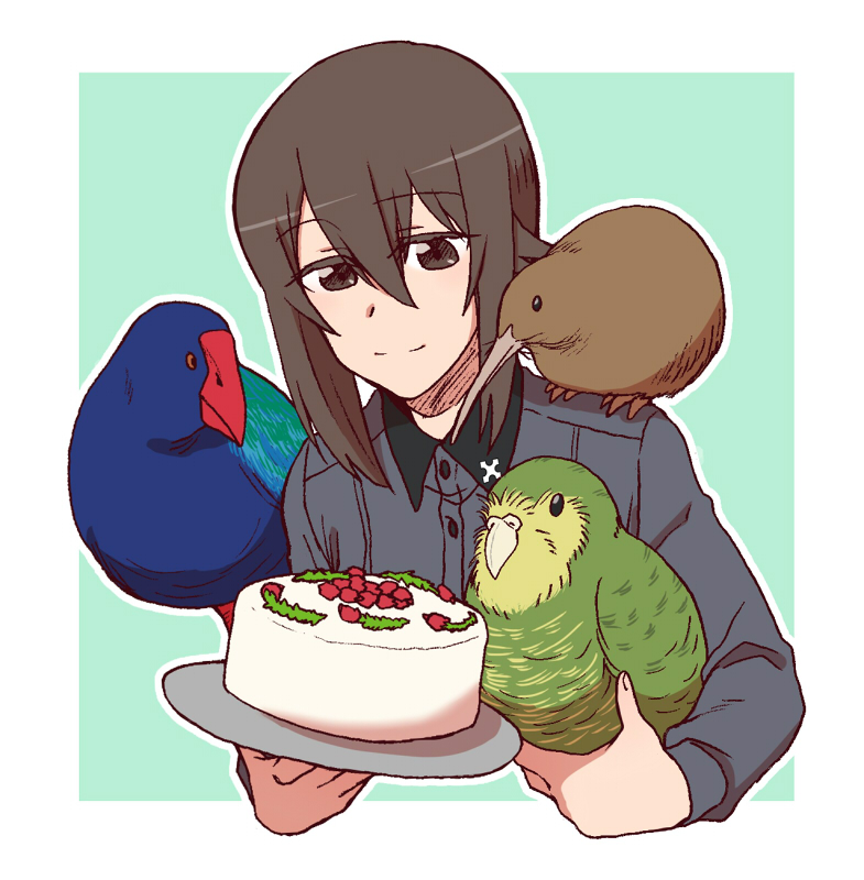 1girl animal animal_on_shoulder bangs bird brown_eyes brown_hair cake closed_mouth commentary_request cropped_torso dress_shirt food girls_und_panzer green_background grey_shirt holding holding_animal holding_bird holding_cake holding_food kakapo kuromorimine_school_uniform long_sleeves looking_at_viewer nishizumi_maho outline outside_border parrot school_uniform shirt short_hair smile solo torinone upper_body white_outline wing_collar