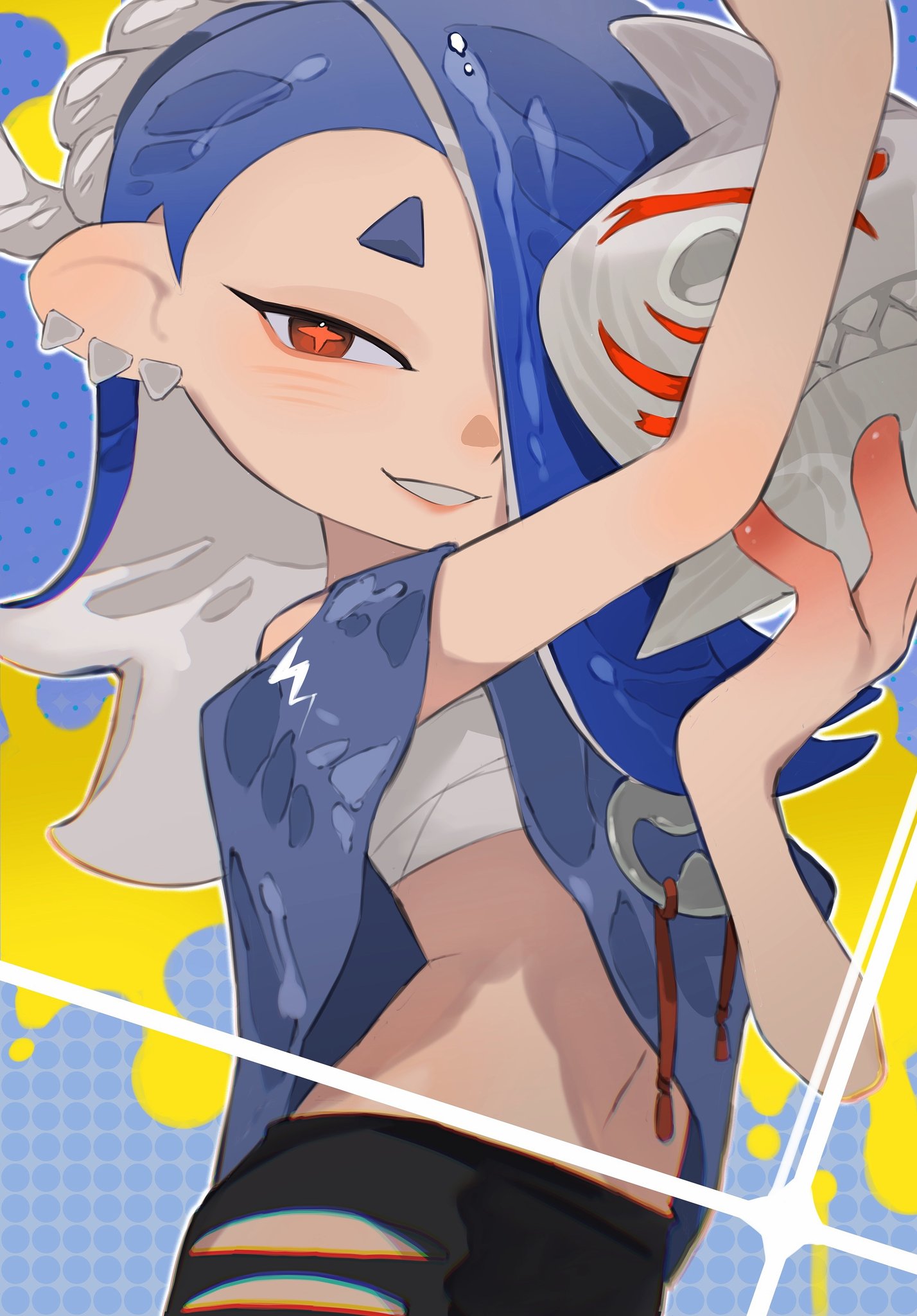 asymmetrical_hair cephalopod_eyes chest_sarashi colored_skin hair_ornament hand_fan highres looking_at_viewer multicolored_skin octoling p-pepper pointy_ears pointy_hair poncho red_eyes sarashi shiver_(splatoon) smile splatoon_(series) splatoon_3 suction_cups tentacle_hair