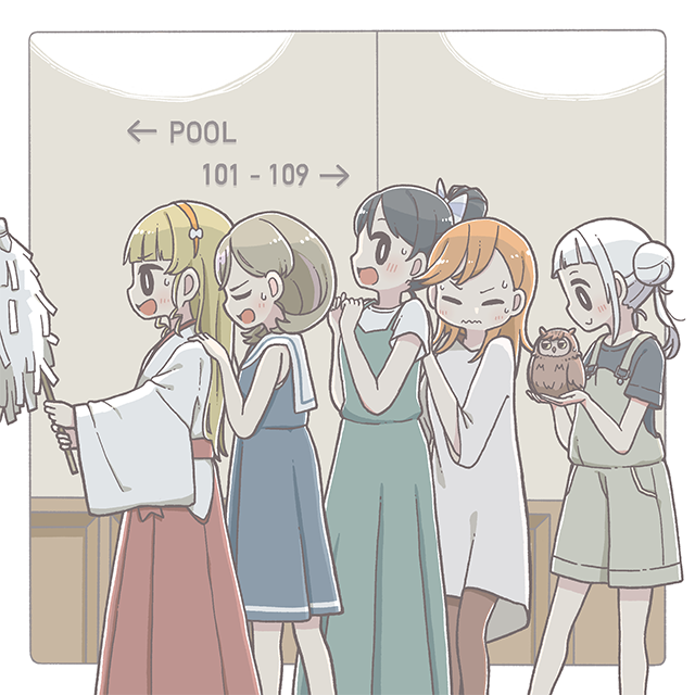 5girls animal arashi_chisato bird black_eyes black_hair black_pantyhose black_shirt blonde_hair blue_dress brown_hair closed_eyes dress east_sha2 gohei green_dress green_overalls hands_on_another's_shoulders hazuki_ren heanna_sumire holding holding_animal holding_bird japanese_clothes long_hair love_live! love_live!_superstar!! manmaru_(love_live!) medium_hair miko multiple_girls official_art open_mouth orange_hair overall_shorts overalls pantyhose ponytail scared shibuya_kanon shirt short_hair sweat sweating_profusely tang_keke walking white_shirt