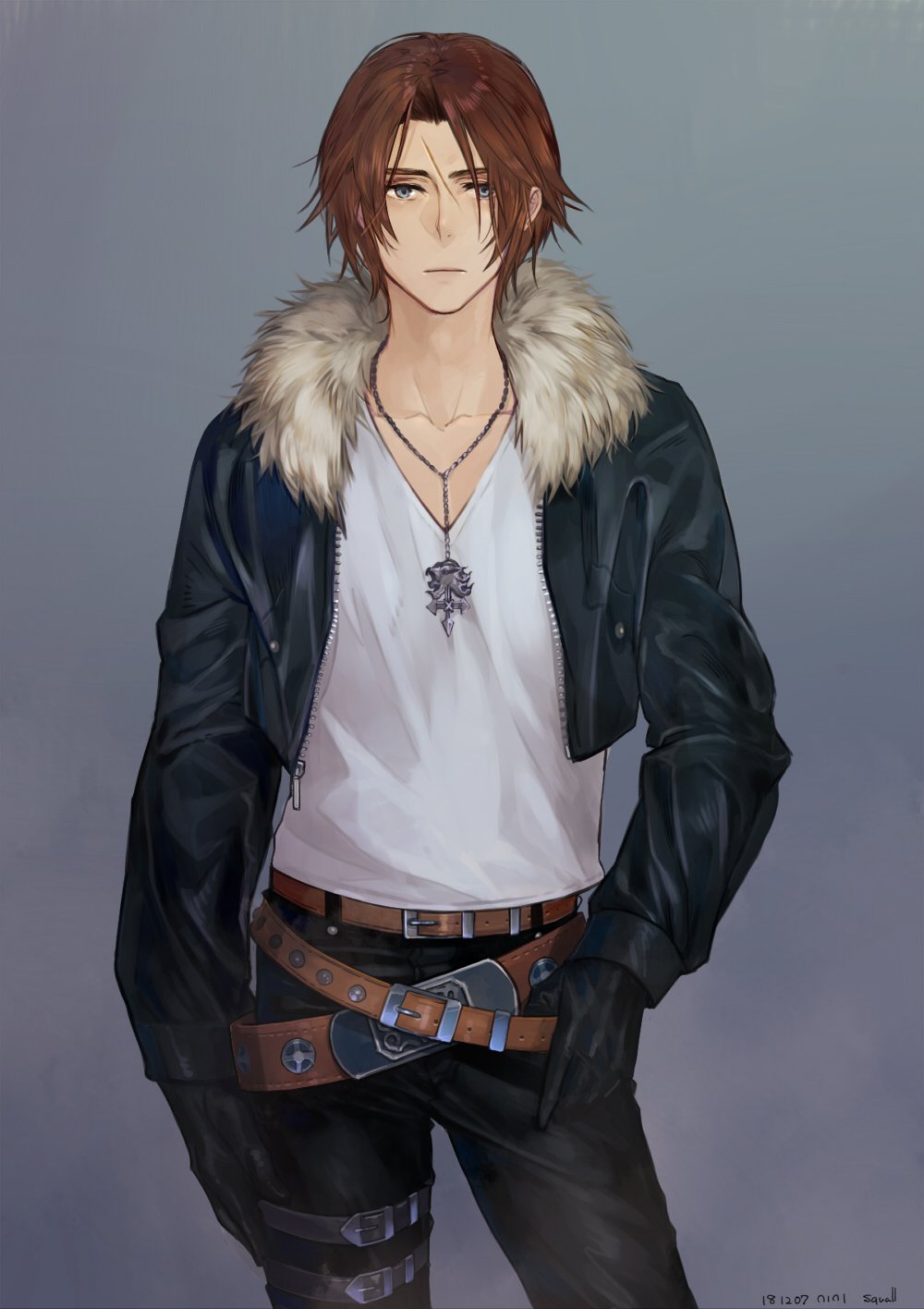 1boy bangs belt black_jacket black_pants blue_eyes brown_hair chain_necklace cowboy_shot cropped_jacket expressionless final_fantasy final_fantasy_viii fur_collar grey_background highres jacket jewelry long_sleeves loose_belt male_focus multiple_belts necklace nini_tw99 pants parted_bangs scar scar_on_face shirt short_hair solo squall_leonhart thigh_strap white_shirt