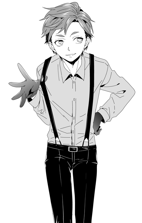 1boy alternate_costume black_pants collared_shirt cowboy_shot gloves greyscale grin hand_on_hip long_sleeves looking_to_the_side male_focus monochrome muiko_i pants robotics;notes shirt short_hair smile solo suspenders suspenders_pull teeth white_background yashio_kaito