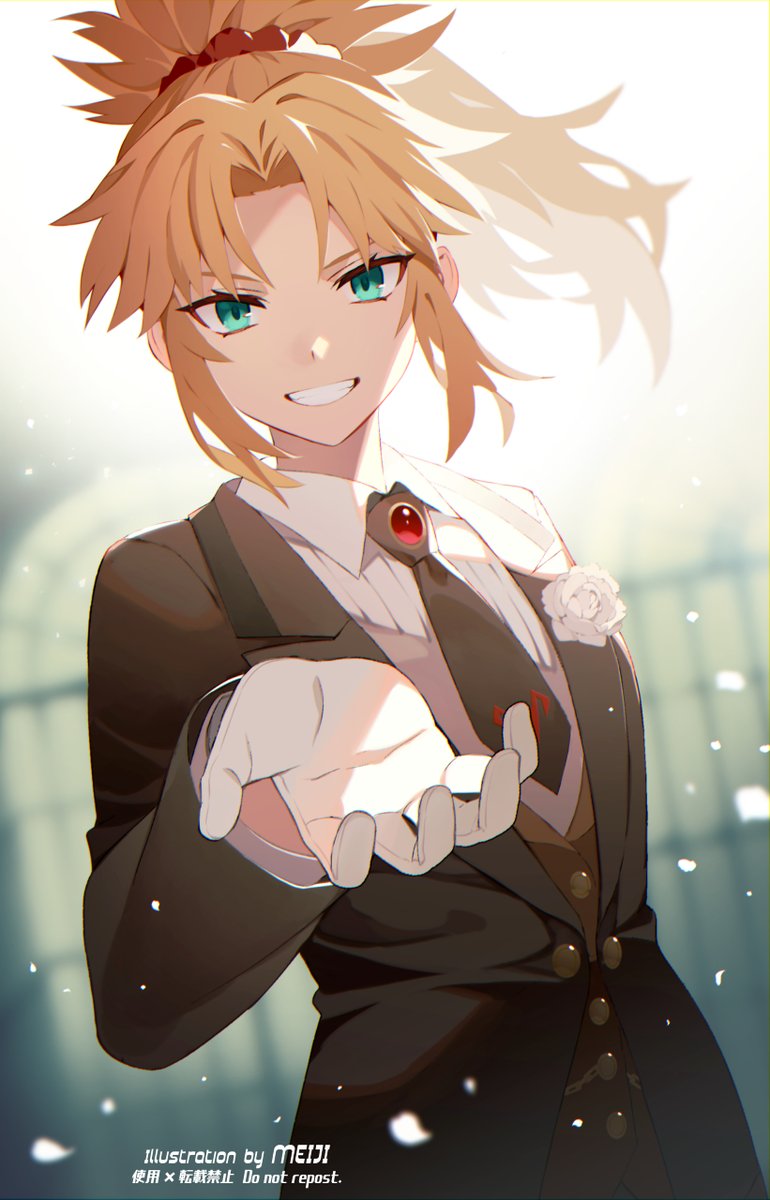 1girl artist_name bangs black_jacket blonde_hair braid collared_shirt commentary_request fate/apocrypha fate/grand_order fate_(series) flower formal gloves green_eyes hair_ornament hair_scrunchie highres jacket long_hair long_sleeves looking_at_viewer meiji_ken mordred_(fate) mordred_(formal_dress)_(fate) necktie official_alternate_costume parted_bangs ponytail red_scrunchie scrunchie shirt smile solo suit teeth upper_body white_flower white_gloves white_shirt