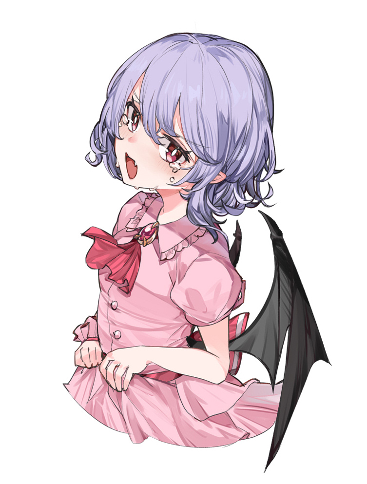 1girl appleseed_(appleseed_art) bangs bat_wings bright_pupils brooch crying crying_with_eyes_open fang jewelry looking_at_viewer open_mouth purple_hair red_eyes remilia_scarlet simple_background solo tears touhou upper_body vampire white_background wings