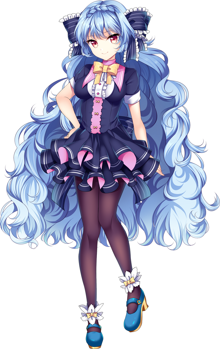 1girl agekichi_(heart_shape) artwhirl_mahou_gakuen_no_otome-tachi bangs black_pantyhose black_skirt blue_bow blue_footwear blue_hair bow bowtie braid closed_mouth crown_braid frilled_bow frills full_body hair_between_eyes hair_bow hand_on_hip layered_skirt long_hair looking_at_viewer miniskirt pantyhose red_eyes shiny shiny_hair short_sleeves silvia_(artwhirl) skirt smile solo standing striped striped_bow tachi-e transparent_background very_long_hair yellow_bow yellow_bowtie