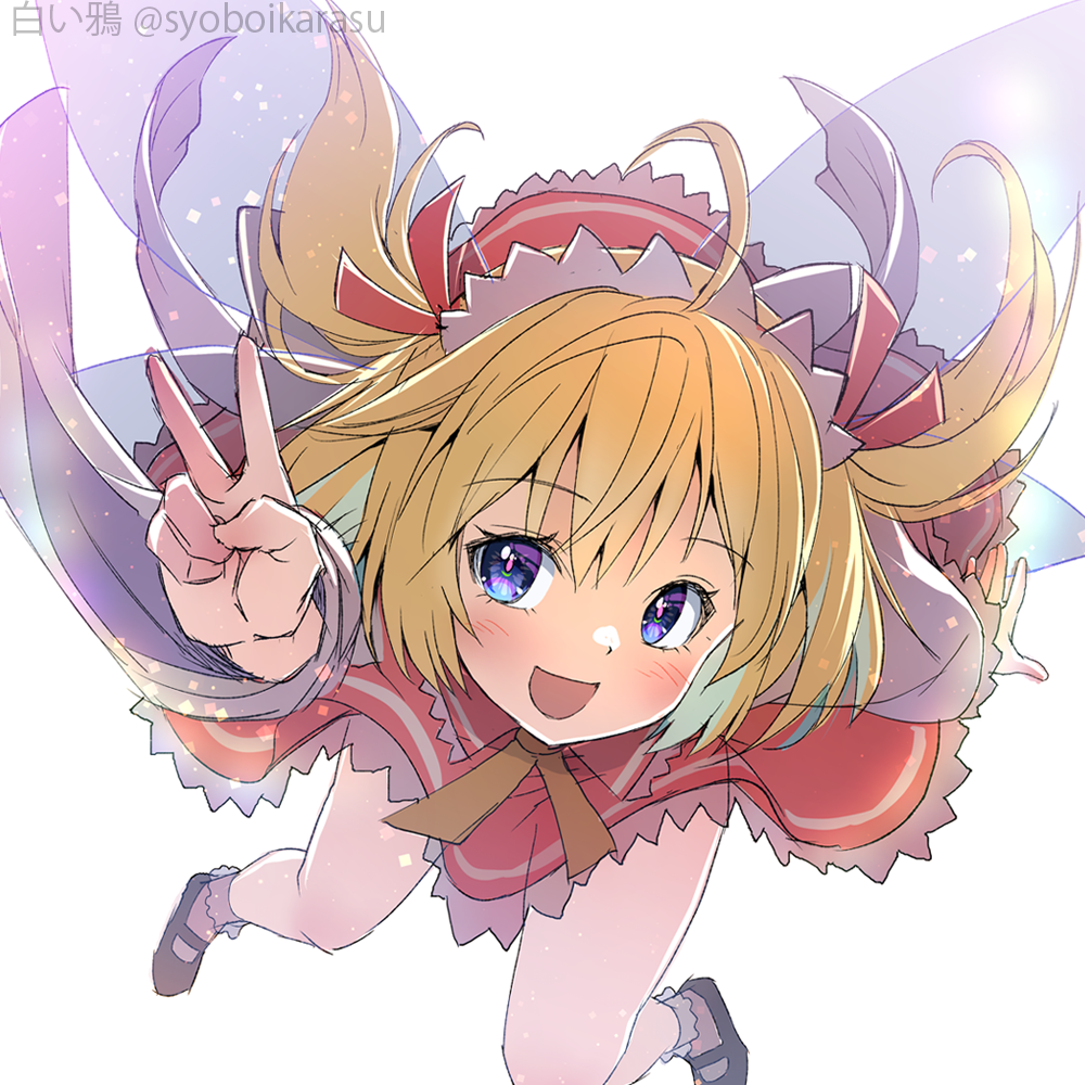 1girl :d ahoge bangs black_footwear blonde_hair dress foreshortening frilled_dress frills from_above light_blush light_particles long_hair looking_at_viewer looking_to_the_side mary_janes open_mouth perspective red_dress shiroi_karasu shoes simple_background smile socks solo sunny_milk touhou twitter_username two_side_up v violet_eyes white_background