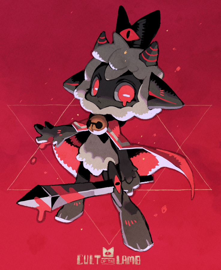 :&lt; bell black_skin blood blood_on_weapon cape character_request colored_skin cult_of_the_lamb full_body holding holding_sword holding_weapon horns lamb looking_at_viewer neck_bell pointy_ears red_background red_cape red_eyes rikose sheep solo sword weapon