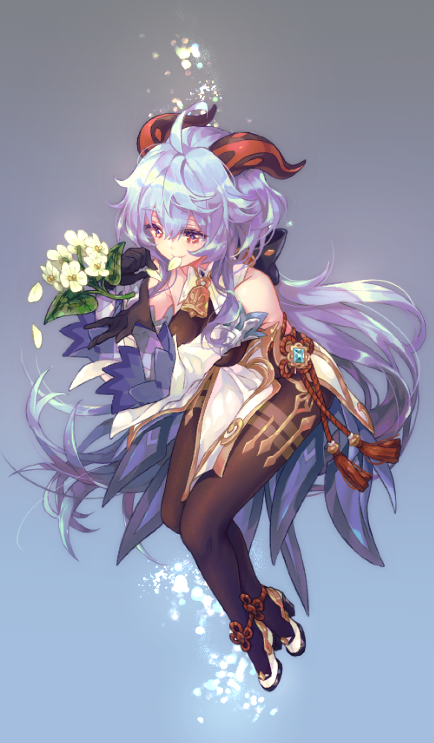 1girl ahoge bangs bare_shoulders bell black_gloves blue_hair bow brown_pantyhose chinese_knot detached_sleeves eating_flower flower flower_knot full_body ganyu_(genshin_impact) genshin_impact gloves gold_trim high_heels highres holding holding_flower horns long_hair looking_at_another low_ponytail neck_bell pantyhose petals_in_mouth qingxin_flower sidelocks smile solo thighlet violet_eyes vision_(genshin_impact) white_flower white_sleeves yoco_n