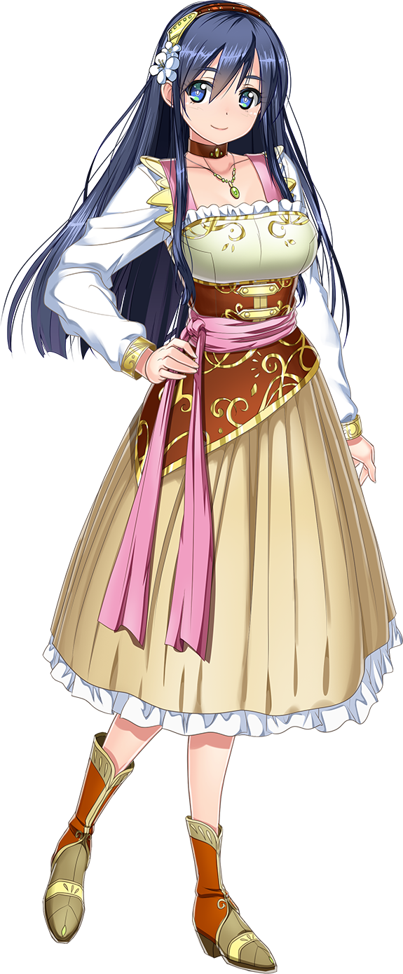 1girl artwhirl_mahou_gakuen_no_otome-tachi bangs blue_eyes blue_hair brown_hairband closed_mouth collarbone flower full_body hair_between_eyes hair_flower hair_ornament hairband hand_on_hip highres jewelry kimura_kitaka long_hair long_skirt long_sleeves looking_at_viewer necklace shiny shiny_hair skirt smile solo standing tachi-e transparent_background underbust ur_(artwhirl) very_long_hair white_flower white_sleeves yellow_skirt