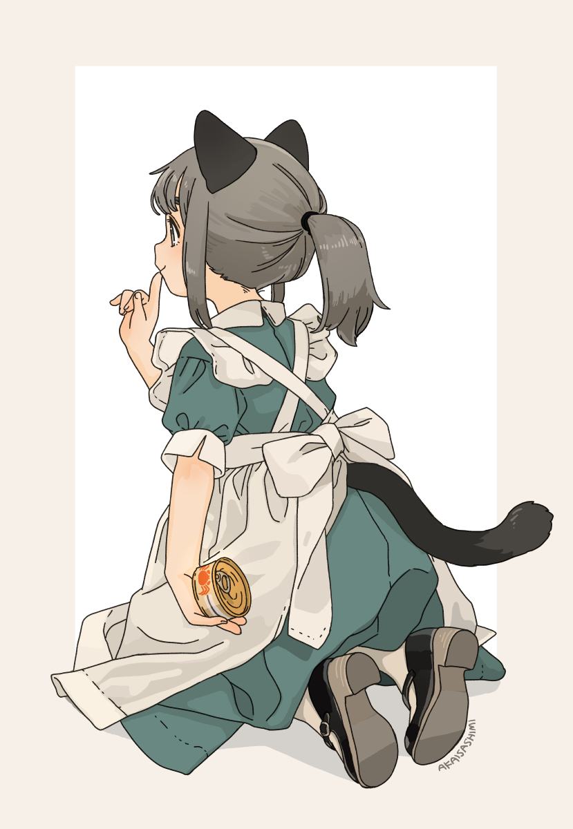 1girl akai_sashimi animal_ears apron artist_name bangs black_footwear border brown_eyes brown_hair can canned_food cat_ears cat_girl cat_tail closed_mouth commentary_request dress finger_to_mouth frilled_apron frills from_behind full_body green_dress hand_up high_heels highres holding holding_can kneeling leaning_forward looking_away mary_janes medium_hair original outside_border partial_commentary ponytail puffy_short_sleeves puffy_sleeves shoes short_sleeves sidelocks solo tail tail_through_clothes tin_can white_apron white_background