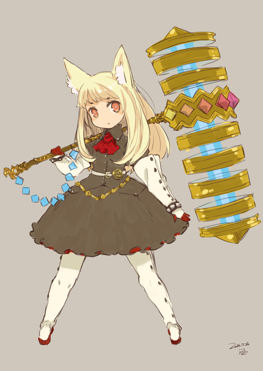 1girl animal_ears belt blonde_hair closed_mouth dated dress full_body gloves hammer highres jewelry long_hair looking_at_viewer mota original simple_background skirt solo weapon