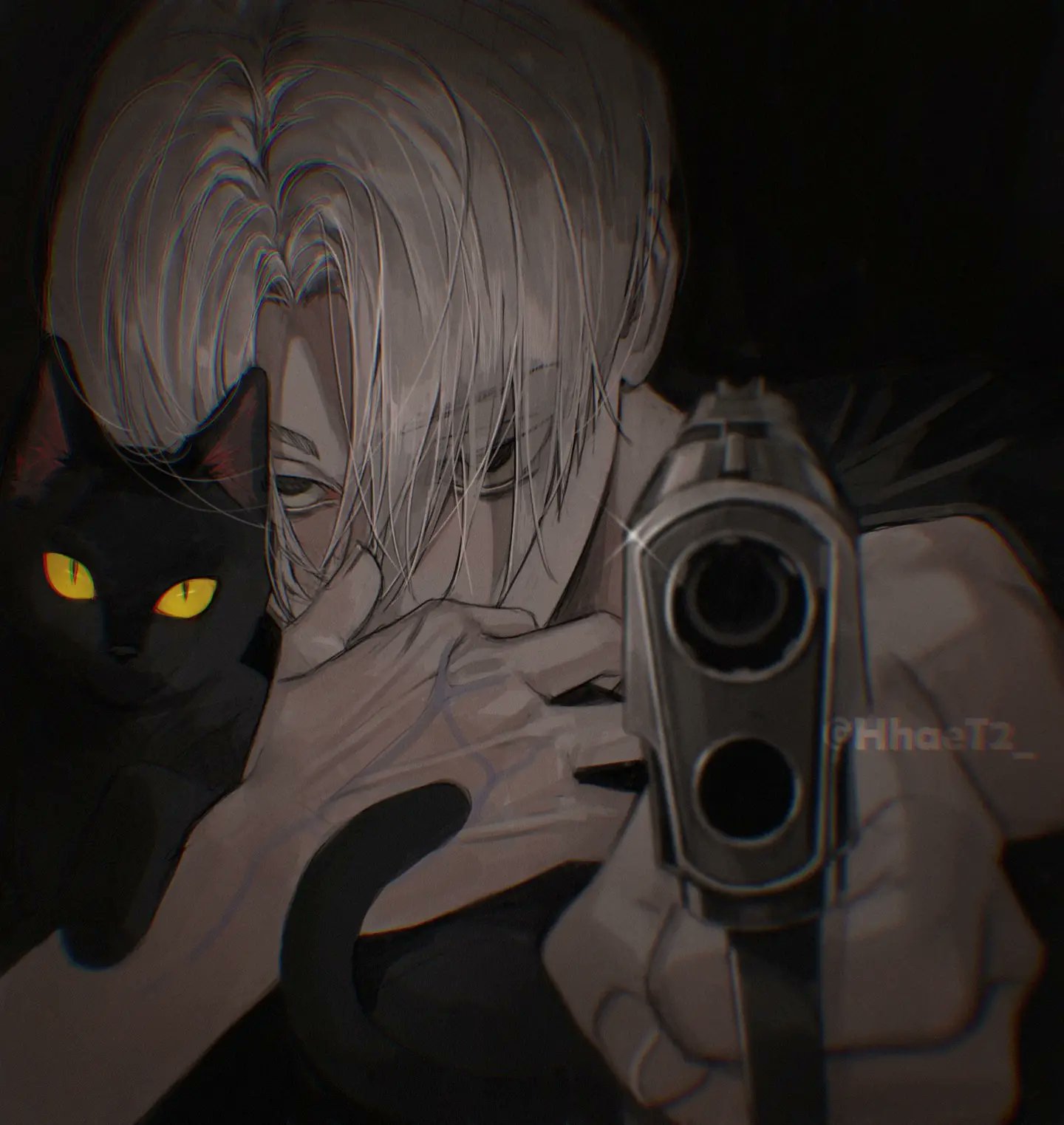 1boy aiming_at_viewer animal bangs black_background black_cat black_eyes blurry cat covered_mouth dark depth_of_field eyes_visible_through_hair finger_on_trigger glint gun hair_over_eyes handgun hands_up hhaet2 highres holding holding_animal holding_gun holding_weapon male_focus outstretched_arm parted_bangs portrait reaching_out sano_manjirou sanpaku short_hair simple_background tokyo_revengers twitter_username veins weapon white_hair yellow_eyes