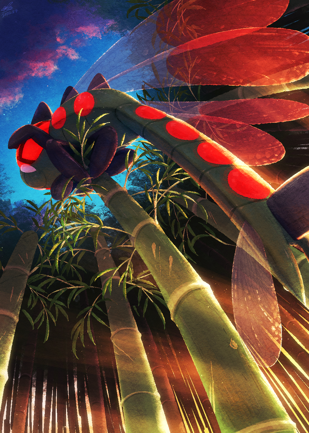 animal_focus bamboo bug clouds commentary_request ewokakukaede from_below highres no_humans outdoors pokemon pokemon_(creature) red_eyes sky solo yanmega