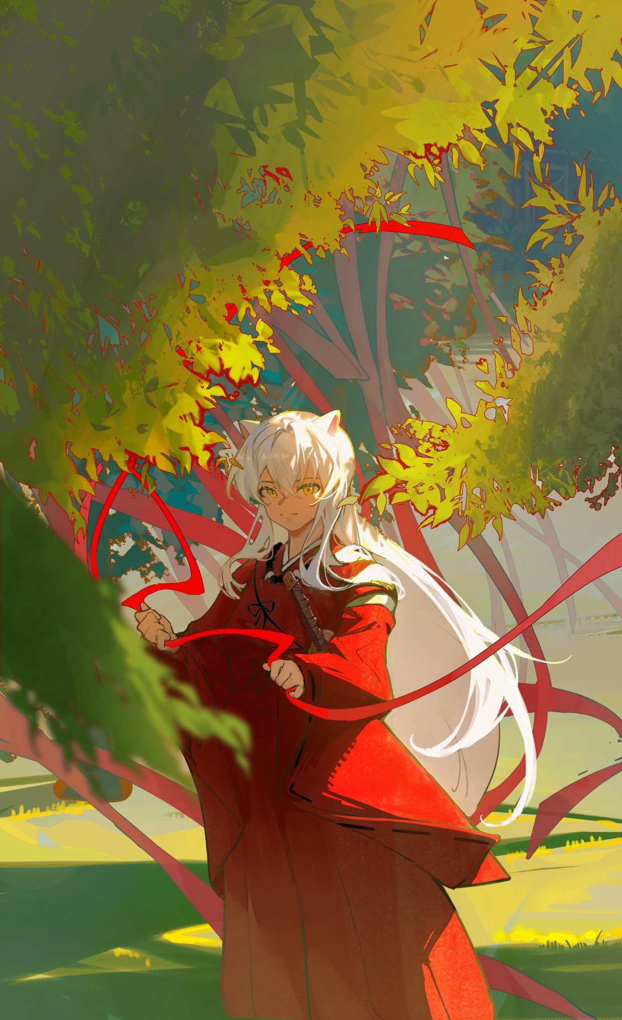 1boy animal_ears bead_necklace beads blurry blurry_foreground dog_ears feet_out_of_frame hair_between_eyes hakama highres holding holding_ribbon inuyasha inuyasha_(character) japanese_clothes jewelry long_hair looking_at_viewer male_focus necklace outdoors qiyan_anlll red_hakama red_ribbon ribbon sidelocks solo tree white_hair yellow_eyes