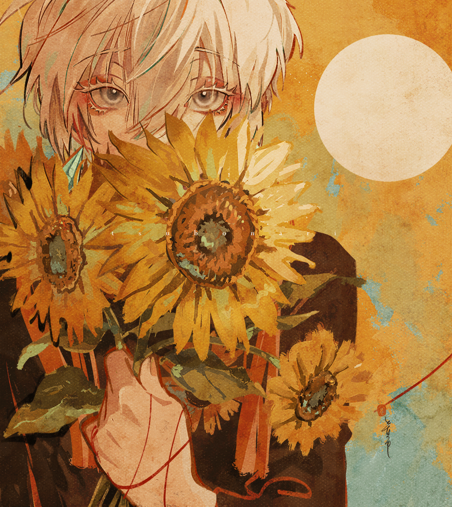 1other androgynous black_shirt blonde_hair brown_eyes colored_eyelashes covered_mouth eyelashes flower long_sleeves looking_at_viewer original p-suke shirt short_hair solo sunflower yellow_flower yellow_theme