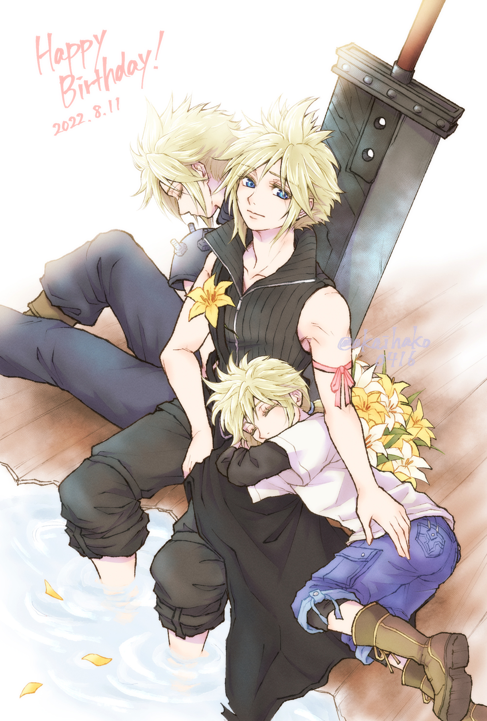 3boys arm_ribbon black_pants black_shirt blonde_hair blue_eyes blue_shorts boots brown_footwear buster_sword closed_eyes dated earrings final_fantasy final_fantasy_vii final_fantasy_vii_advent_children final_fantasy_vii_remake flower hair_between_eyes happy_birthday head_down high_collar highres jewelry lap_pillow layered_shirt looking_at_viewer low_ponytail male_child male_focus medium_hair multiple_boys multiple_persona open_collar pants pants_rolled_up pink_ribbon planted planted_sword ribbon shirt short_hair shorts single_earring sitting sleeveless sleeveless_shirt soaking_feet spiky_hair sword t-shirt thigh_strap waist_cape weapon white_flower white_shirt wooden_floor yellow_flower you_(blacknwhite) younger