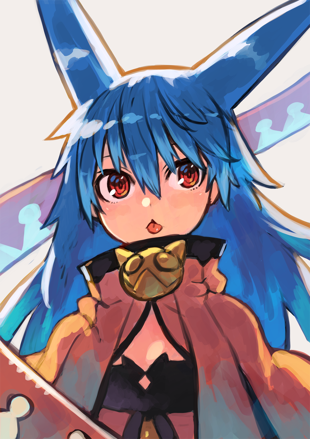 1girl bangs black_capelet blue_hair capelet dragon_tail hair_between_eyes highres long_hair looking_to_the_side multicolored_capelet multicolored_tail orange_capelet orange_tail original red_eyes red_pupils ringed_eyes rumie simple_background solo tail tail_raised tiona tongue tongue_out upper_body white_background white_tail