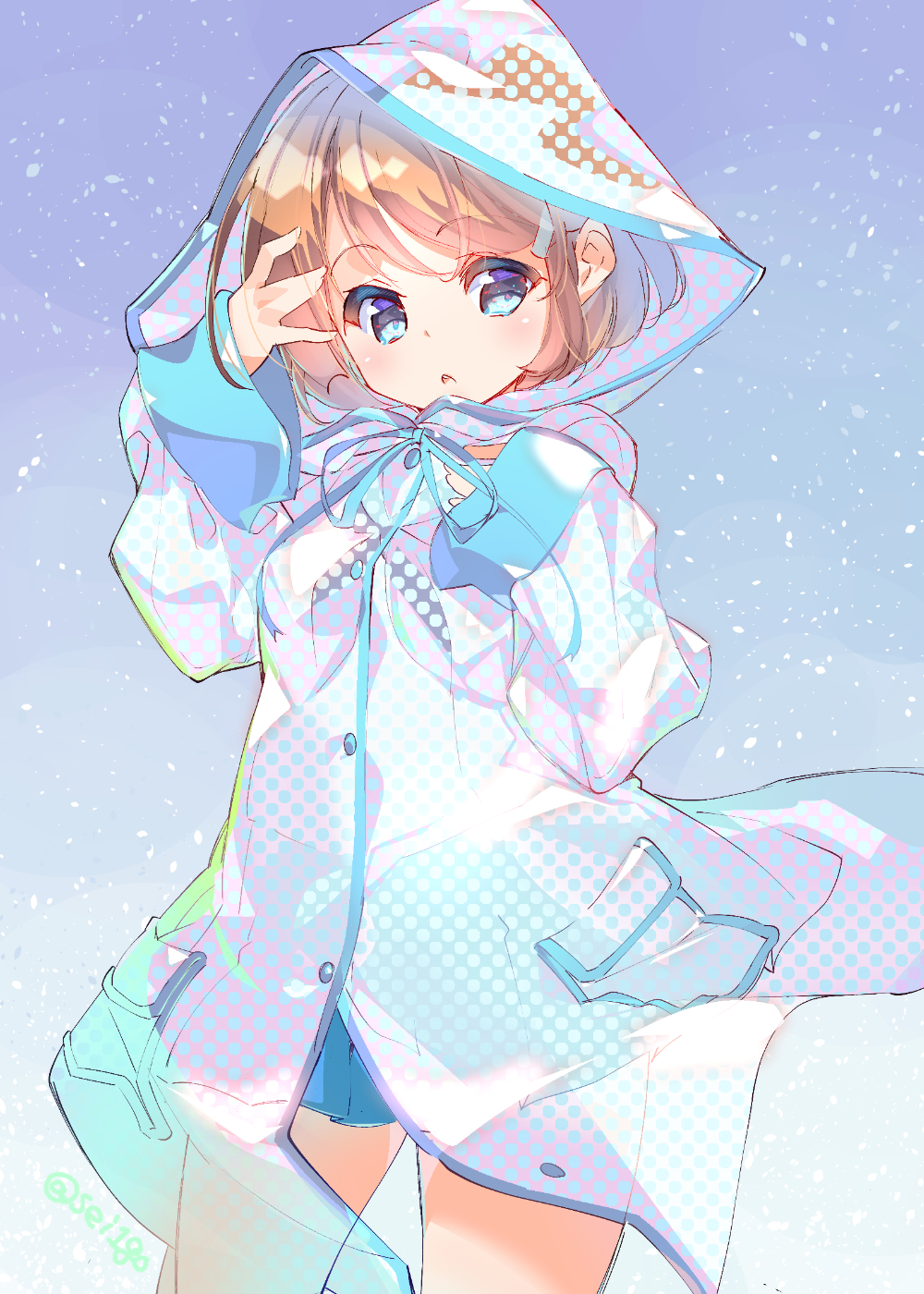 1girl blue_eyes blue_skirt commentary_request cowboy_shot fujishima-sei_ichi-gou highres hood hood_up hooded_coat light_brown_hair long_sleeves looking_at_viewer original pleated_skirt raincoat see-through_coat skirt solo twitter_username