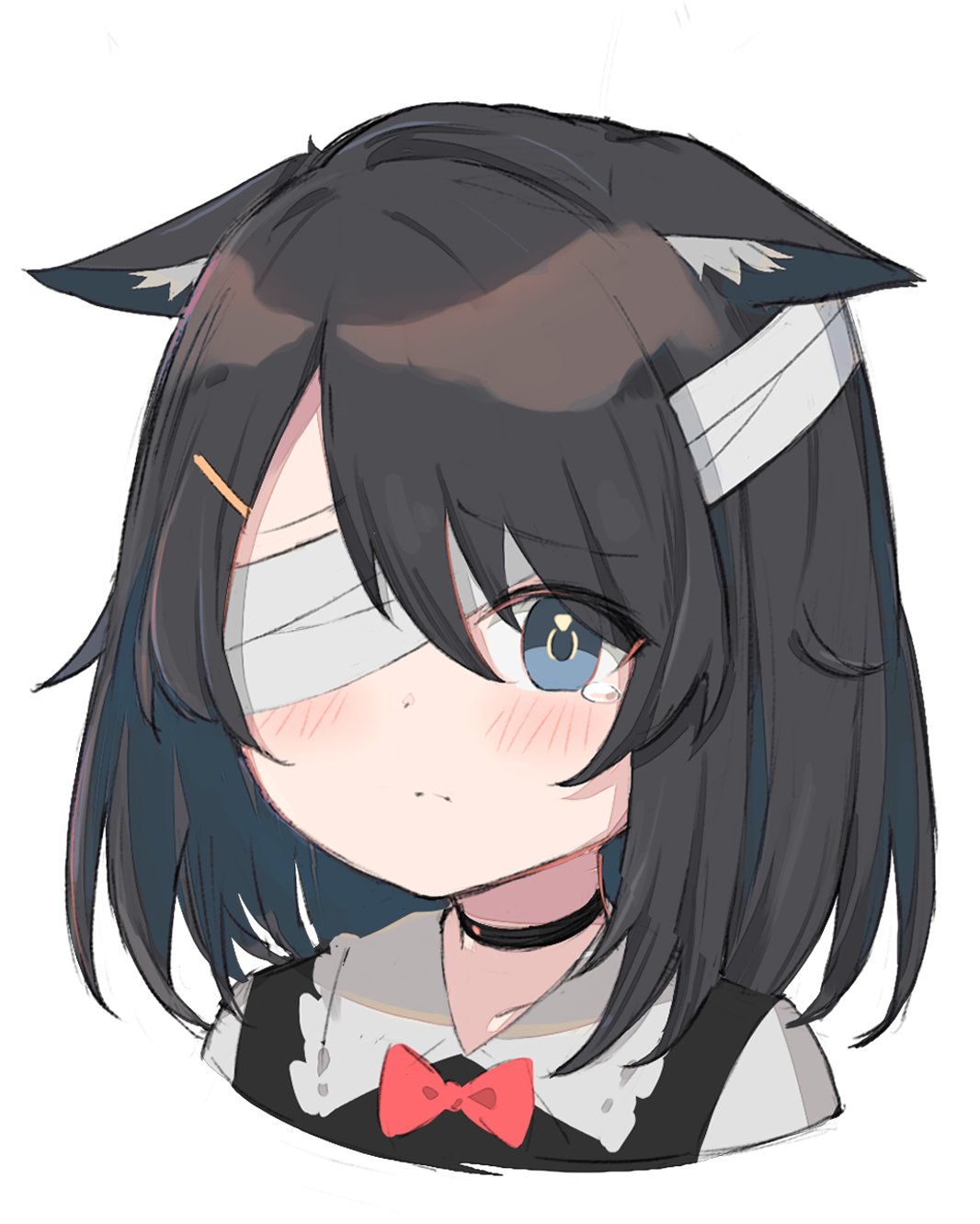 1girl animal_ear_fluff animal_ears bandage_over_one_eye black_hair black_vest blue_eyes cat_ears cat_girl ears_down highres medium_hair original sad satou_(3366_s) shirt tearing_up tears vest white_shirt