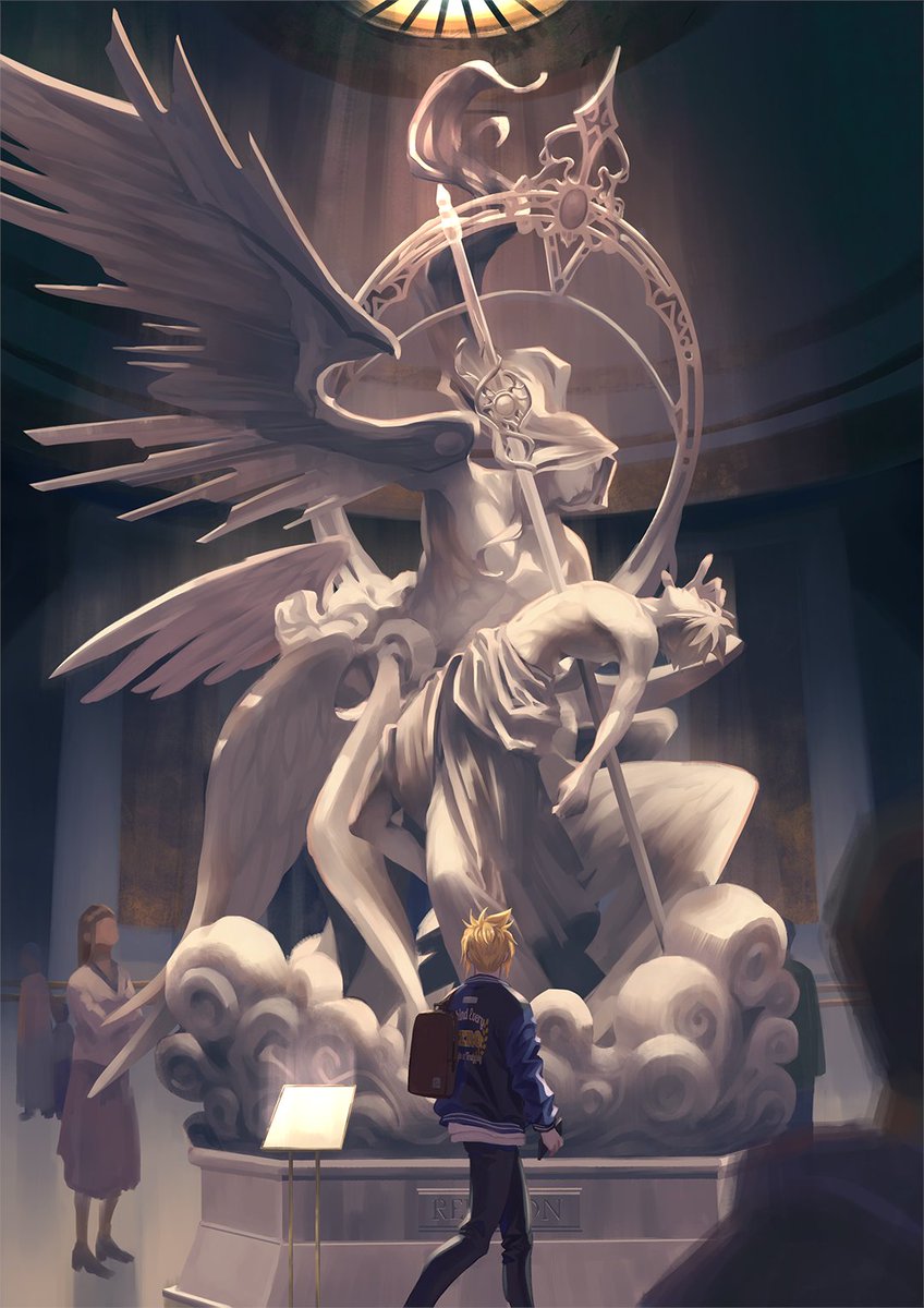 alternate_universe architecture bag blonde_hair blue_jacket cloud_strife facing_away final_fantasy final_fantasy_vii final_fantasy_vii_remake from_behind highres ho_fan indoors jacket museum pants sephiroth shirt short_hair shoulder_bag solo_focus spiky_hair stab statue walking white_shirt wings