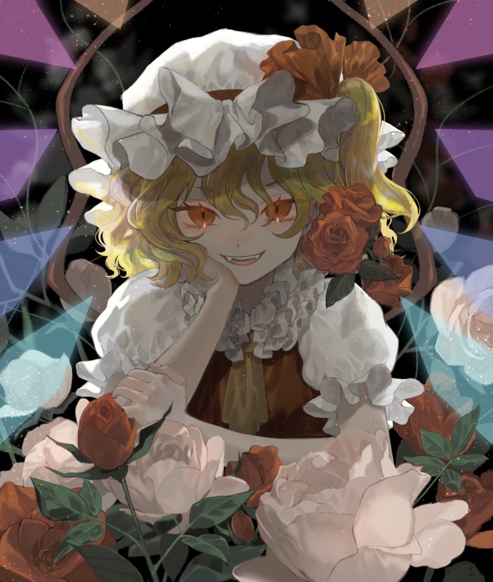 1girl arm_support ascot bangs blonde_hair carbonara_hontyotyo crystal fangs flandre_scarlet flower frills hair_between_eyes hand_on_own_arm hand_on_own_cheek hand_on_own_face hat hat_ribbon looking_at_viewer medium_hair mob_cap one_side_up open_mouth puffy_short_sleeves puffy_sleeves red_eyes red_flower red_ribbon red_rose ribbon rose short_sleeves slit_pupils smile solo teeth touhou upper_body upper_teeth white_flower white_headwear wings yellow_ascot