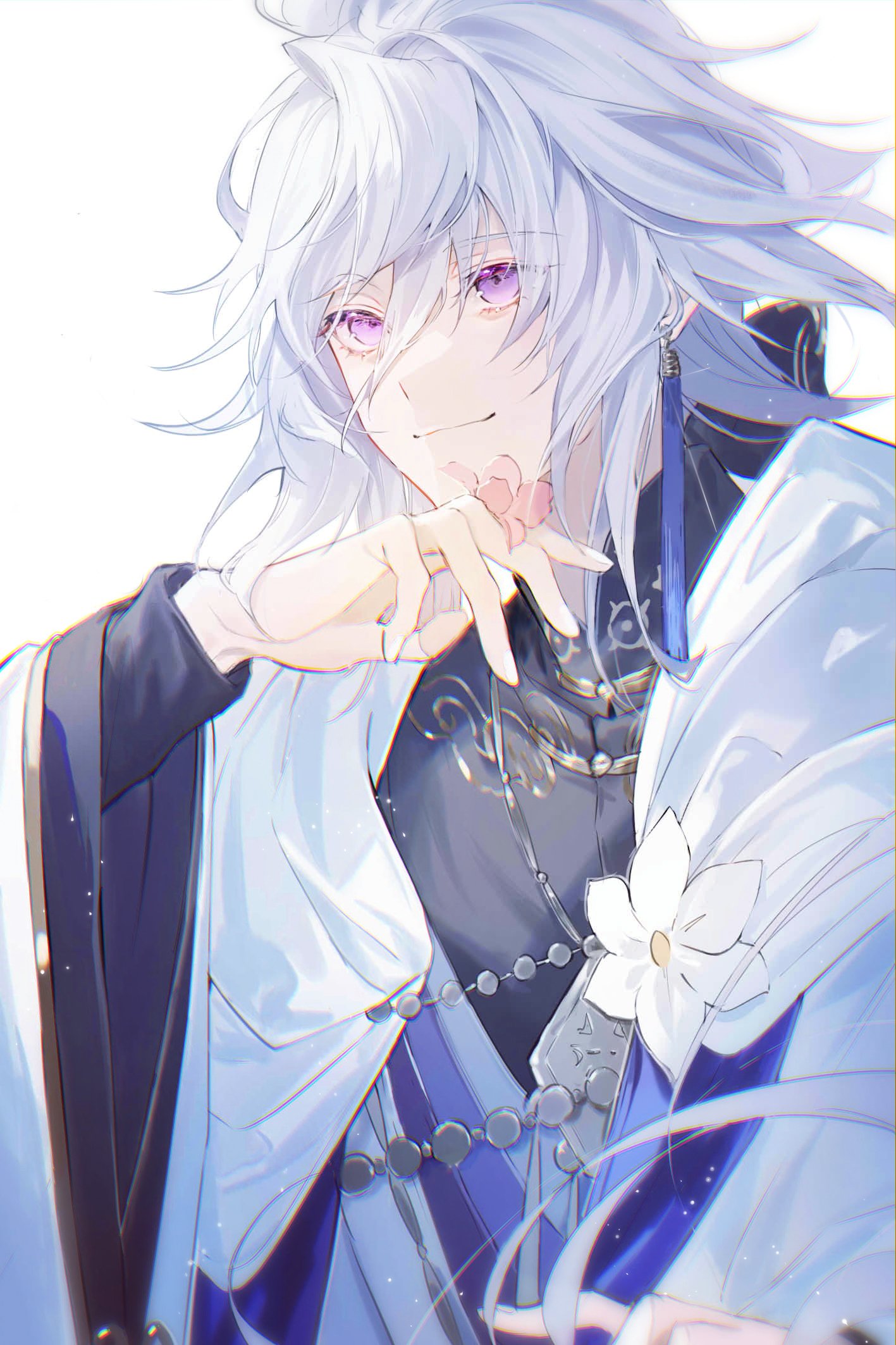 1boy ahoge bangs bsq chinese_clothes closed_mouth commentary_request earrings fate/grand_order fate_(series) flower hair_between_eyes high_collar highres jewelry light_particles light_smile long_hair long_sleeves looking_away male_focus merlin_(fate) official_alternate_costume pink_flower simple_background smile solo tangzhuang upper_body very_long_hair violet_eyes white_background white_flower white_hair