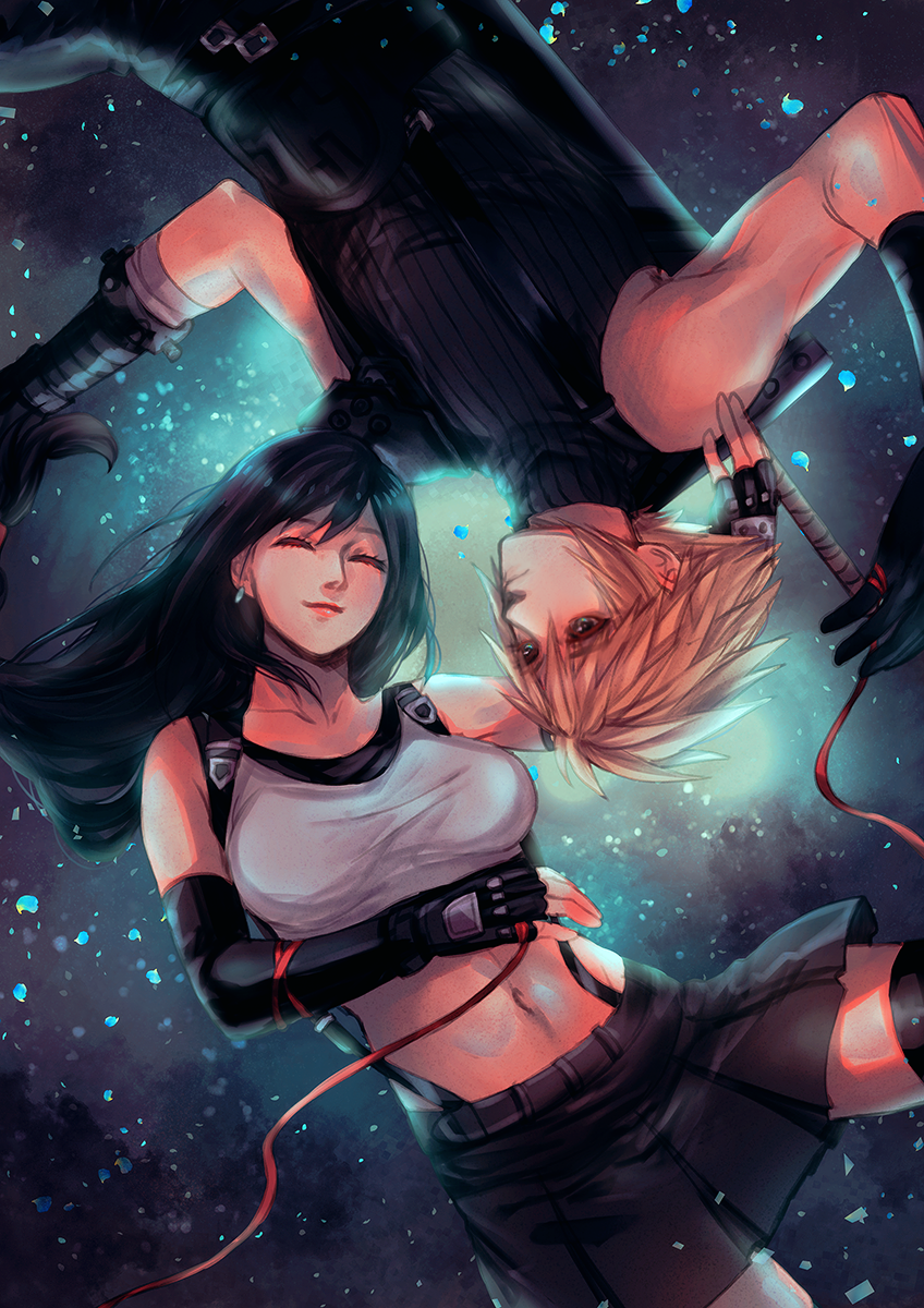 1boy 1girl bare_shoulders black_hair black_skirt black_thighhighs blonde_hair blue_eyes breasts buster_sword cloud_strife crop_top detached_sleeves earrings final_fantasy final_fantasy_vii final_fantasy_vii_remake fingerless_gloves gloves highres jewelry large_breasts long_hair midriff navel red_lips sera_(serappi) skirt sleeveless sleeveless_turtleneck smile spiky_hair string string_around_finger string_of_fate sweater tank_top thigh-highs tifa_lockhart turtleneck turtleneck_sweater weapon weapon_on_back white_tank_top zettai_ryouiki