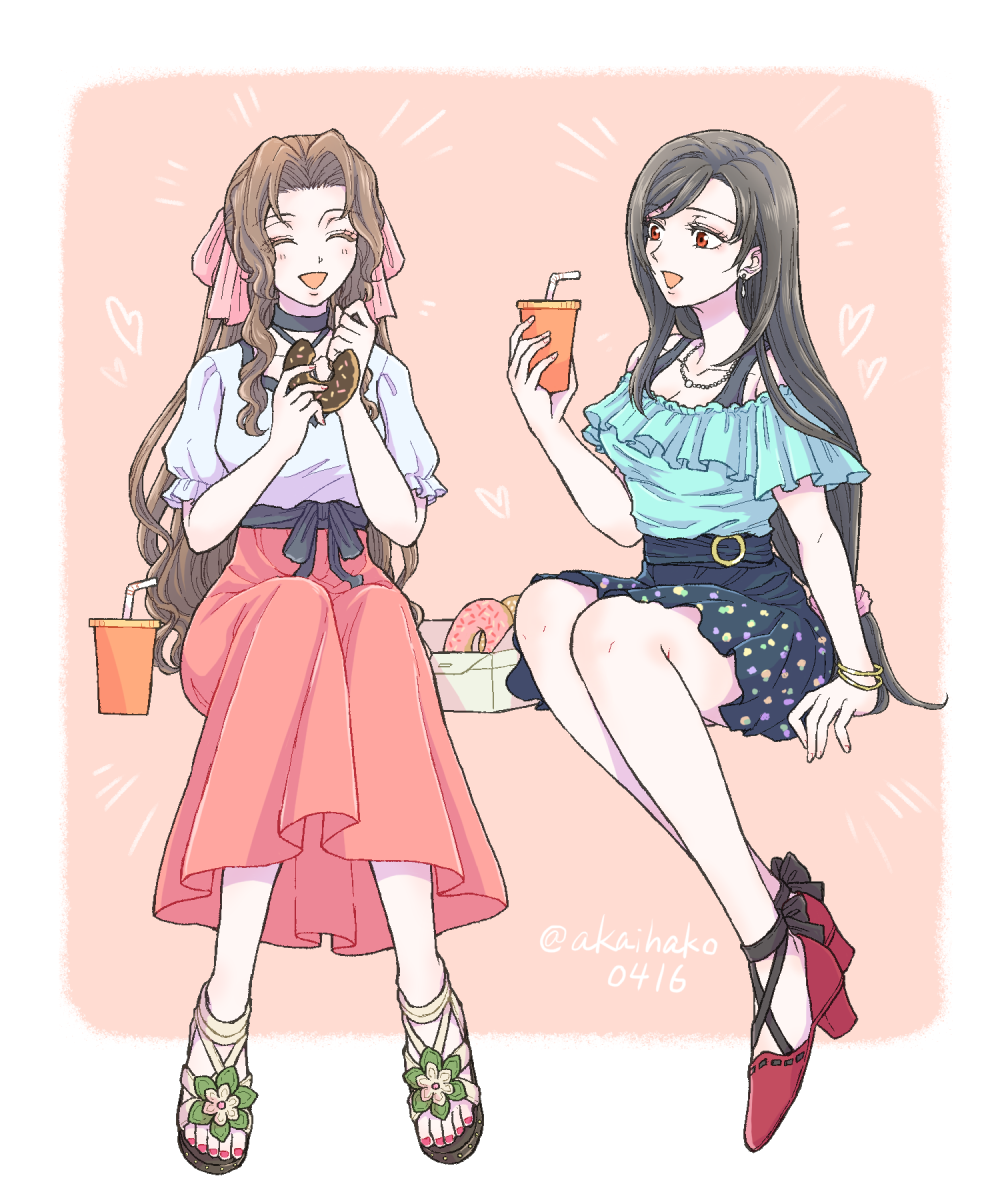 2girls aerith_gainsborough alternate_costume aqua_shirt asymmetrical_bangs bangs black_hair border bracelet breasts brown_hair choker closed_eyes cup disposable_cup doughnut drinking_straw earrings eating final_fantasy final_fantasy_vii final_fantasy_vii_remake food full_body hair_ribbon hand_to_own_mouth highres holding holding_cup holding_food jewelry knees_together_feet_apart long_hair long_skirt low-tied_long_hair medium_breasts miniskirt multiple_girls nail_polish necklace open_mouth pink_background pink_ribbon pink_skirt pointy_footwear puffy_short_sleeves puffy_sleeves red_eyes red_footwear red_nails ribbon sandals shirt short_sleeves sitting skirt smile tifa_lockhart toenail_polish toenails twitter_username white_shirt you_(blacknwhite)
