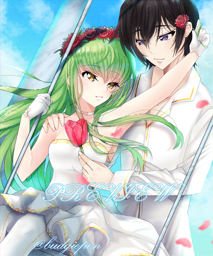 1boy 1girl armpits bare_arms black_hair breasts budgiepon c.c. closed_mouth code_geass couple dress dress_shirt flower gloves green_hair hand_on_another's_shoulder head_wreath holding holding_flower lelouch_lamperouge long_hair long_sleeves parted_lips red_flower shiny shiny_hair shirt short_hair small_breasts smile strapless strapless_dress twitter_username very_long_hair violet_eyes wedding_dress white_dress white_gloves white_shirt yellow_eyes