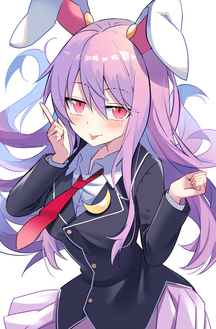 1girl :p animal_ears blazer blush buttons closed_mouth crescent crescent_pin e.o. hair_between_eyes highres jacket long_hair long_sleeves necktie pleated_skirt purple_hair purple_skirt rabbit_ears red_eyes red_necktie reisen_udongein_inaba revision simple_background skirt smile solo tongue tongue_out touhou upper_body white_background