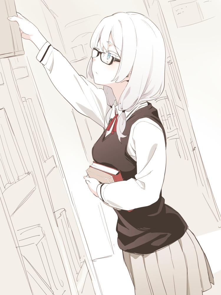 1girl asutora asutora-chan black-framed_eyewear blue_eyes book commentary_request grey_skirt holding holding_book library long_sleeves medium_hair mole mole_under_eye neck_ribbon original red_ribbon ribbon school_uniform shirt skirt white_hair white_shirt