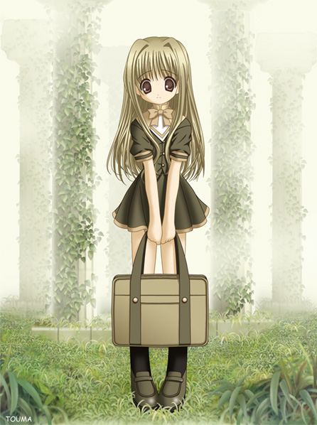 1girl aikawa_touma archived_source bag black_socks blonde_hair bow bowtie brown_eyes brown_footwear column fog grass hair_intakes holding holding_bag ivy loafers long_hair looking_at_viewer original outdoors pillar plant ruins school_bag school_uniform shoes skirt smile socks solo vest vines