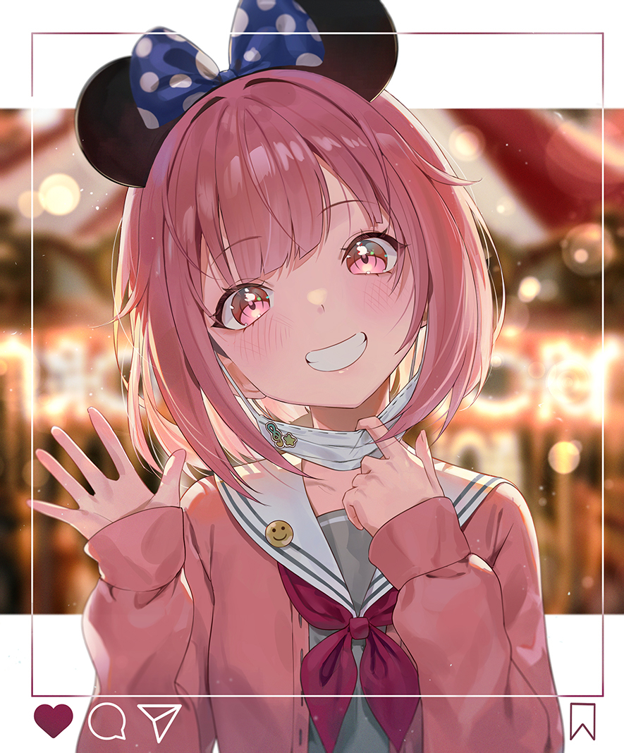 1girl bangs blurry blurry_background blush cardigan grey_shirt heart instagram letterboxed looking_at_viewer mask mask_pull mickey_mouse_ears mouth_mask mrr_05 neckerchief ootori_emu open_cardigan open_clothes outside_border phone_screen pink_cardigan pink_eyes pink_hair project_sekai red_neckerchief sailor_collar school_uniform shirt short_hair solo upper_body waving white_sailor_collar