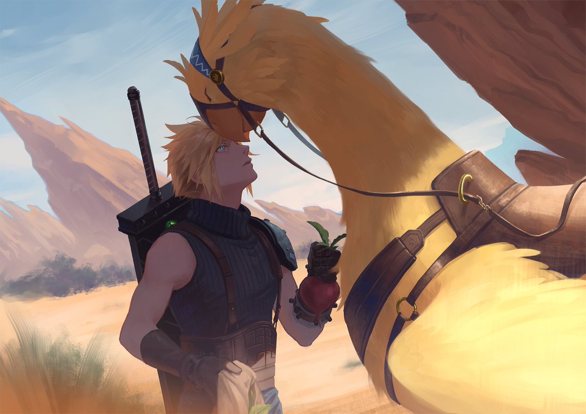 armor bag belt bird blonde_hair blue_eyes blue_shirt buster_sword chocobo closed_eyes cloud_strife cowboy_shot final_fantasy final_fantasy_vii final_fantasy_vii_remake food forehead-to-forehead gloves grass harness heads_together ho_fan holding holding_bag holding_food looking_at_another male_focus materia mountain multiple_belts outdoors parted_lips reins saddle shirt short_hair shoulder_armor sleeveless sleeveless_turtleneck spiky_hair suspenders turtleneck weapon weapon_on_back