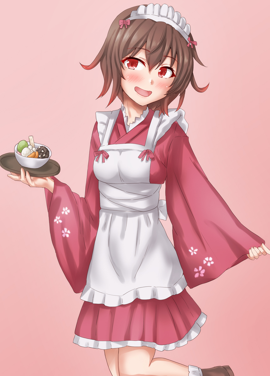 1girl alternate_costume anti_(untea9) apron blush brown_hair enmaided floral_print food gradient gradient_background hair_between_eyes highres holding holding_tray japanese_clothes kantai_collection kimono long_sleeves maid mutsuki_(kancolle) open_mouth pink_background red_eyes red_kimono short_hair smile solo tray wa_maid white_apron wide_sleeves