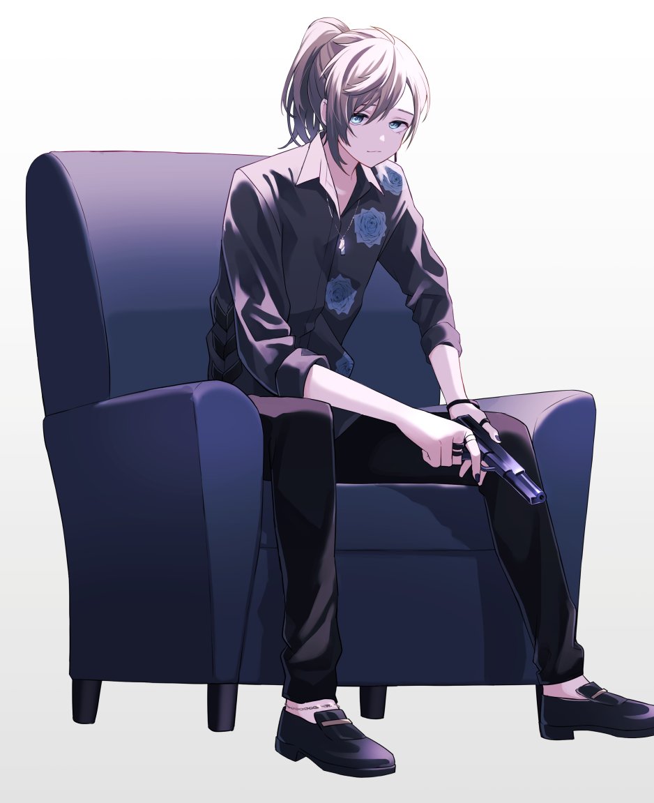 1boy anklet armchair bangs black_footwear black_nails black_pants black_shirt blue_eyes blue_flower blue_rose bracelet brown_hair chair collared_shirt floral_print flower full_body gun handgun holding holding_gun holding_weapon jewelry kanae_(nijisanji) light_smile loafers looking_at_viewer male_focus multiple_rings nana72710193 necklace nijisanji open_collar pants ponytail ring rose rose_print shirt shoes simple_background sitting sleeves_rolled_up solo swept_bangs trigger_discipline virtual_youtuber weapon white_background