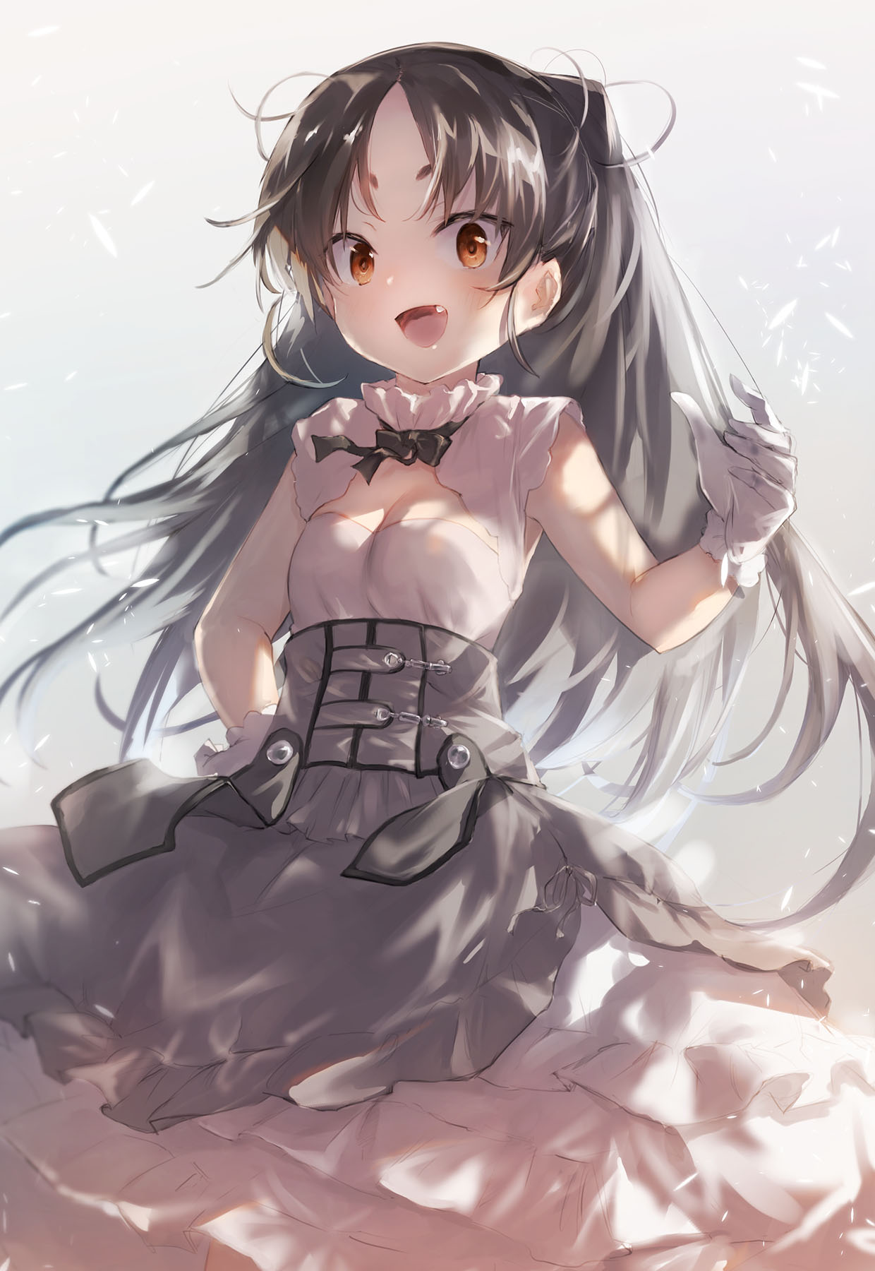 1girl black_hair breasts brown_eyes conte_di_cavour_(kancolle) conte_di_cavour_(kancolle)_(cosplay) conte_di_cavour_nuovo_(kancolle) cosplay dress fang gloves grey_background highres kantai_collection layered_dress long_hair nisshin_(kancolle) open_mouth short_sleeves small_breasts smile solo toka_(marchlizard) very_long_hair white_dress white_gloves