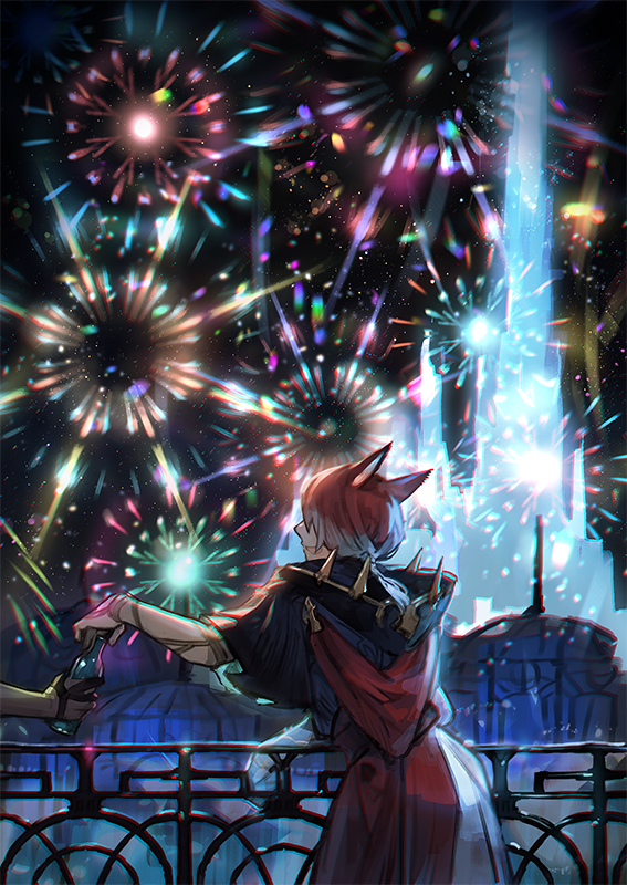 1boy animal_ears bangs black_robe blue_hair bottle building cat_ears city covered_eyes cowboy_shot crystal crystal_exarch final_fantasy final_fantasy_xiv fireworks from_behind giving hair_over_eyes holding holding_bottle hood hood_down hooded_robe kyouka_hatori leaning_on_rail low_ponytail male_focus miqo'te multicolored_hair night night_sky open_mouth out_of_frame outdoors railing redhead robe short_hair short_ponytail sideways_mouth sky smile solo_focus standing toga tower two-tone_hair