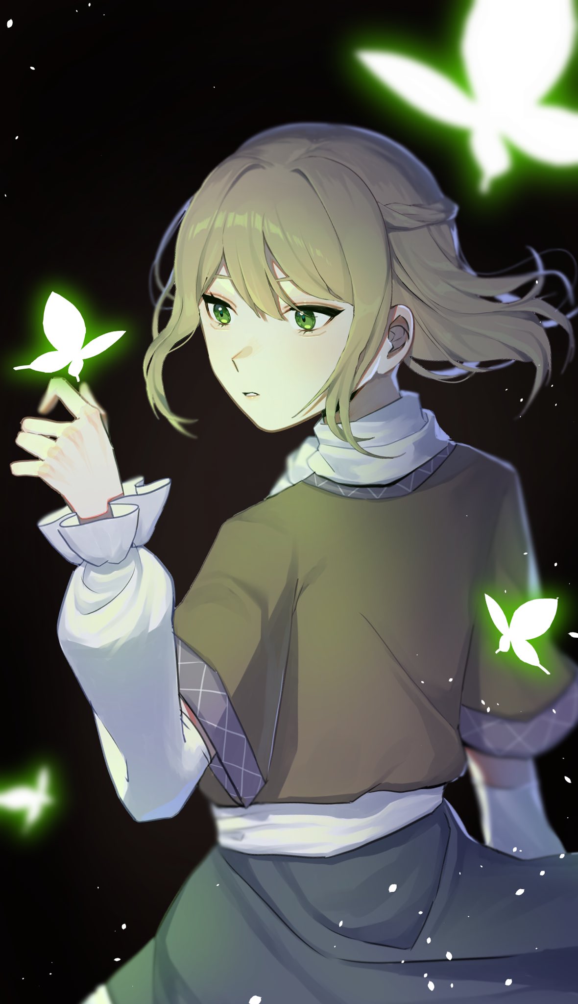 1girl alternate_ears arm_warmers bangs black_background black_skirt blonde_hair braid brown_shirt bug butterfly commentary_request cowboy_shot french_braid green_butterfly green_eyes highres hugasi_27 looking_to_the_side mizuhashi_parsee open_mouth scarf shirt short_hair skirt solo touhou white_scarf