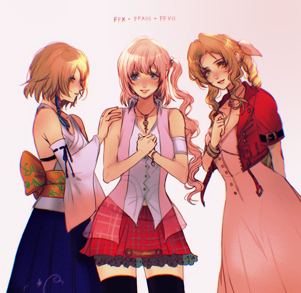 3girls aerith_gainsborough arm_behind_back armband back_bow bangle bangs black_thighhighs blue_eyes blue_skirt bow bracelet braid braided_ponytail breasts brown_hair choker cowboy_shot cropped_jacket detached_sleeves dress final_fantasy final_fantasy_vii final_fantasy_vii_remake final_fantasy_x final_fantasy_xiii flower_choker green_eyes hair_ornament hair_ribbon hand_on_another's_shoulder hand_on_own_chest jacket japanese_clothes jewelry long_dress long_hair long_skirt looking_at_viewer medium_breasts miniskirt multiple_girls necklace nontraditional_miko own_hands_together parted_bangs pink_dress pink_hair pink_ribbon pink_vest red_jacket red_skirt ribbon see-through_vest sera_(serappi) serah_farron shirt short_hair short_hair_with_long_locks short_sleeves side_ponytail sidelocks simple_background skirt smile thigh-highs vest wavy_hair white_shirt wide_sleeves yuna_(ff10)