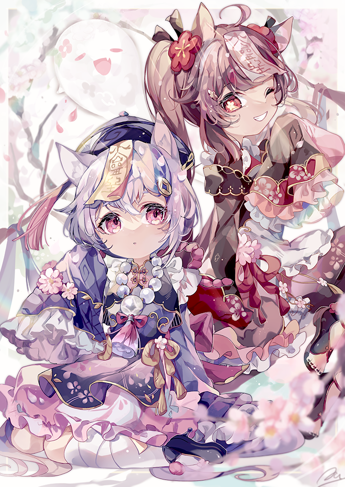2girls alternate_costume animal_ears apron bangs bead_necklace beads black_nails boo_tao_(genshin_impact) brown_dress brown_hair cherry_blossoms coco7 coin_hair_ornament commentary dot_mouth dress floral_print flower frilled_sleeves frills full_body genshin_impact grin hair_flower hair_ornament hat hu_tao_(genshin_impact) jewelry kemonomimi_mode long_hair long_sleeves looking_at_another matching_outfit medium_hair multiple_girls nail_polish necklace no_headwear ofuda_on_head one_eye_closed petticoat pink_eyes plum_blossoms purple_dress purple_headwear qing_guanmao qiqi_(genshin_impact) red_eyes shoes signature sitting sleeves_past_fingers sleeves_past_wrists smile socks symbol-only_commentary toenail_polish toenails tree twintails wariza white_apron white_socks wide_sleeves