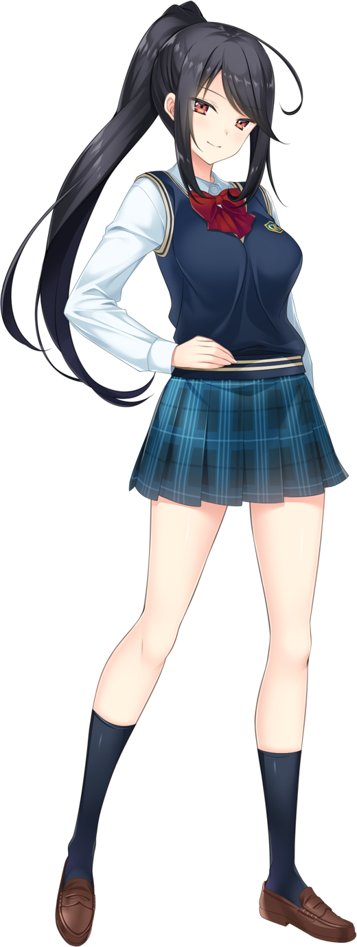 1girl artwhirl_mahou_gakuen_no_otome-tachi bangs black_hair black_socks black_sweater blue_skirt bow bowtie brown_footwear closed_mouth collared_shirt full_body high_ponytail highres kneehighs len_(artwhirl) loafers long_hair looking_at_viewer miniskirt plaid plaid_skirt pleated_skirt red_bow red_bowtie red_eyes school_uniform shiny shiny_hair shirt shoes skirt smile socks solo standing sweater sweater_vest swept_bangs tachi-e transparent_background very_long_hair white_shirt wing_collar zinno