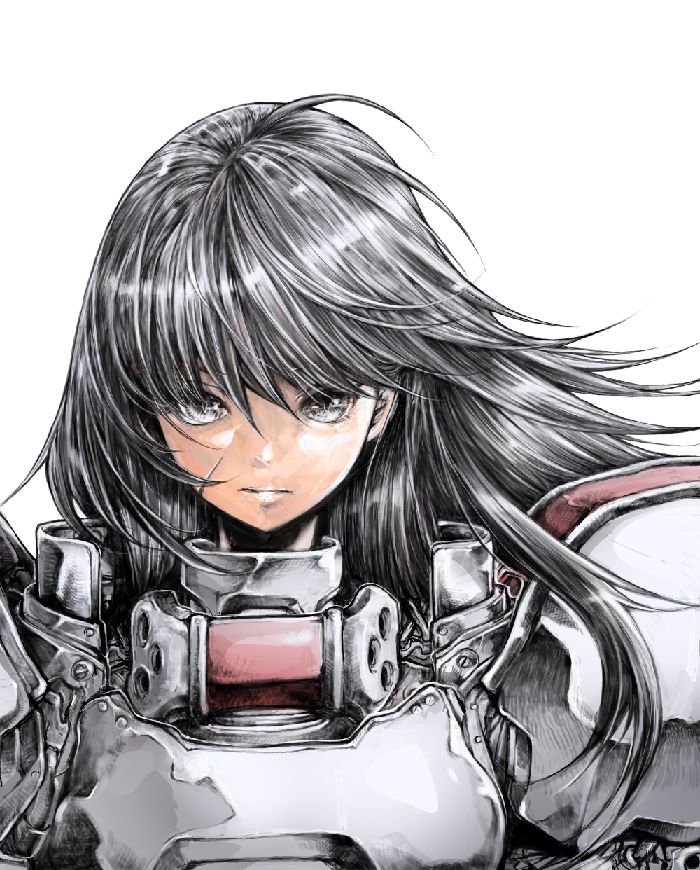 1girl armor bangs benriya_saitou-san_isekai_ni_iku black_eyes black_hair burningblossom expressionless eyebrows_hidden_by_hair floating_hair highres long_hair looking_at_viewer official_art portrait raelza_(benriya_saitou-san) scar scar_on_cheek scar_on_face solo white_background