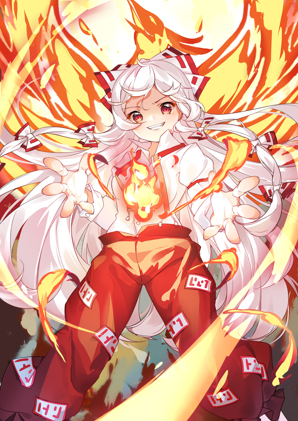 1girl baggy_pants bangs bird bow commentary_request feet_out_of_frame fire foreshortening fujiwara_no_mokou grin hair_bow highres long_hair long_sleeves looking_at_viewer natie_(latte) ofuda ofuda_on_clothes pants phoenix red_bow red_eyes red_pants shirt smile solo suspenders touhou two-tone_bow v-shaped_eyebrows very_long_hair white_bow white_hair white_shirt