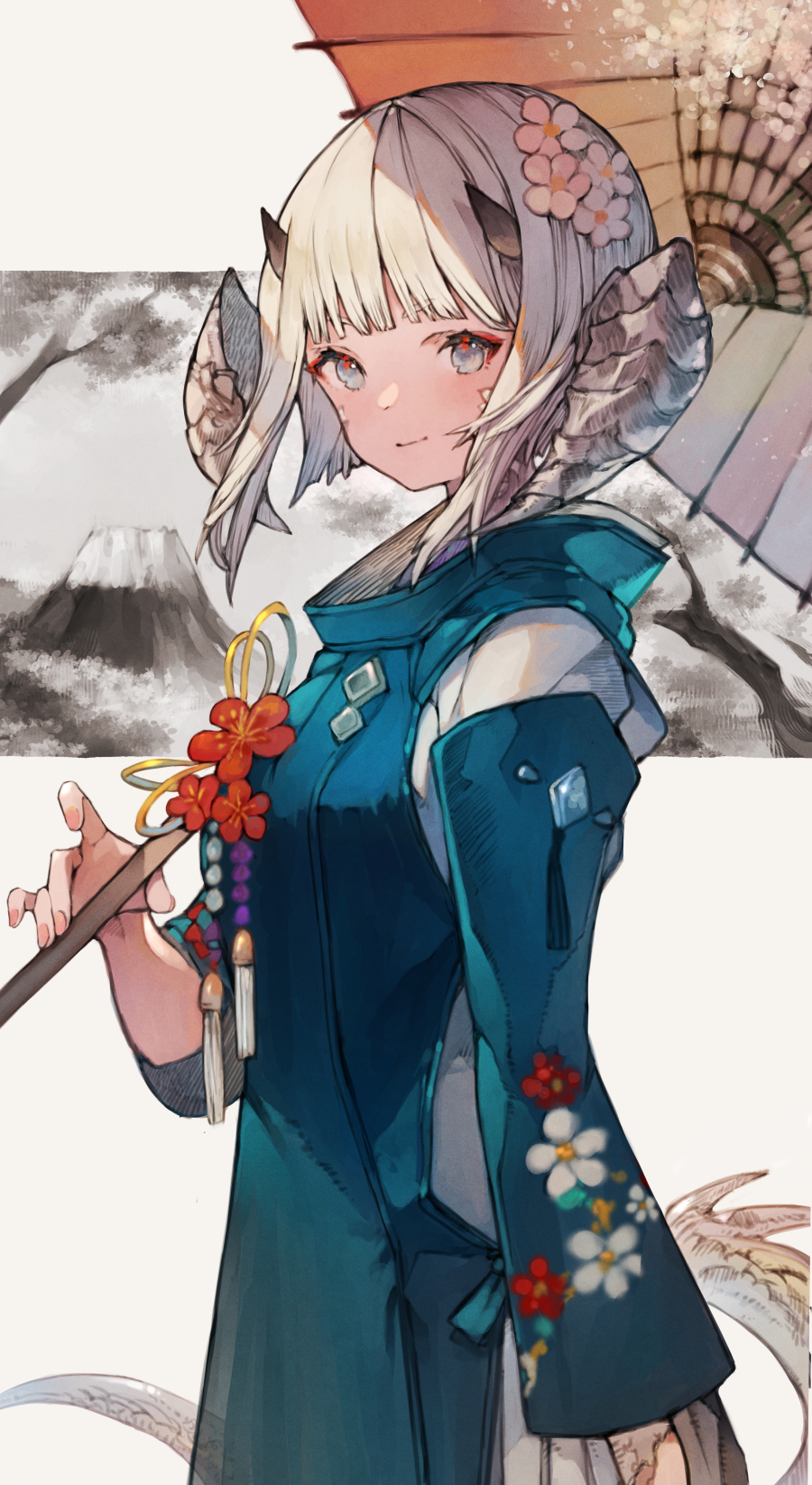 1girl arm_at_side au_ra avatar_(ff14) bangs blonde_hair blue_coat blue_eyes blunt_bangs bob_cut coat collared_coat commission cowboy_shot dragon_girl dragon_horns dragon_tail eyeshadow final_fantasy final_fantasy_xiv floral_print flower from_side hair_flower hair_ornament hatching_(texture) highres holding holding_umbrella horns kemomin_nosuke long_sleeves looking_at_viewer makeup mountain multiple_horns outdoors red_eyeshadow red_flower scales short_hair solo standing tail tassel tree umbrella white_background