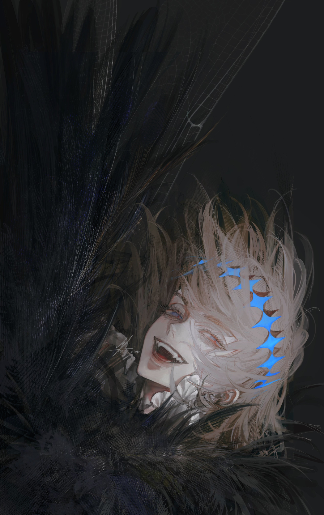 1boy alternate_hair_color arthropod_boy au_(d_elite) bangs black_background blue_eyes collared_shirt crown dark_persona diamond_hairband fangs fate/grand_order fate_(series) fur_collar grey_hair highres insect_wings looking_at_viewer male_focus medium_hair oberon_(fate) oberon_(third_ascension)_(fate) official_alternate_costume open_mouth shirt signature simple_background smile solo twitter_username upper_body white_hair white_shirt wings