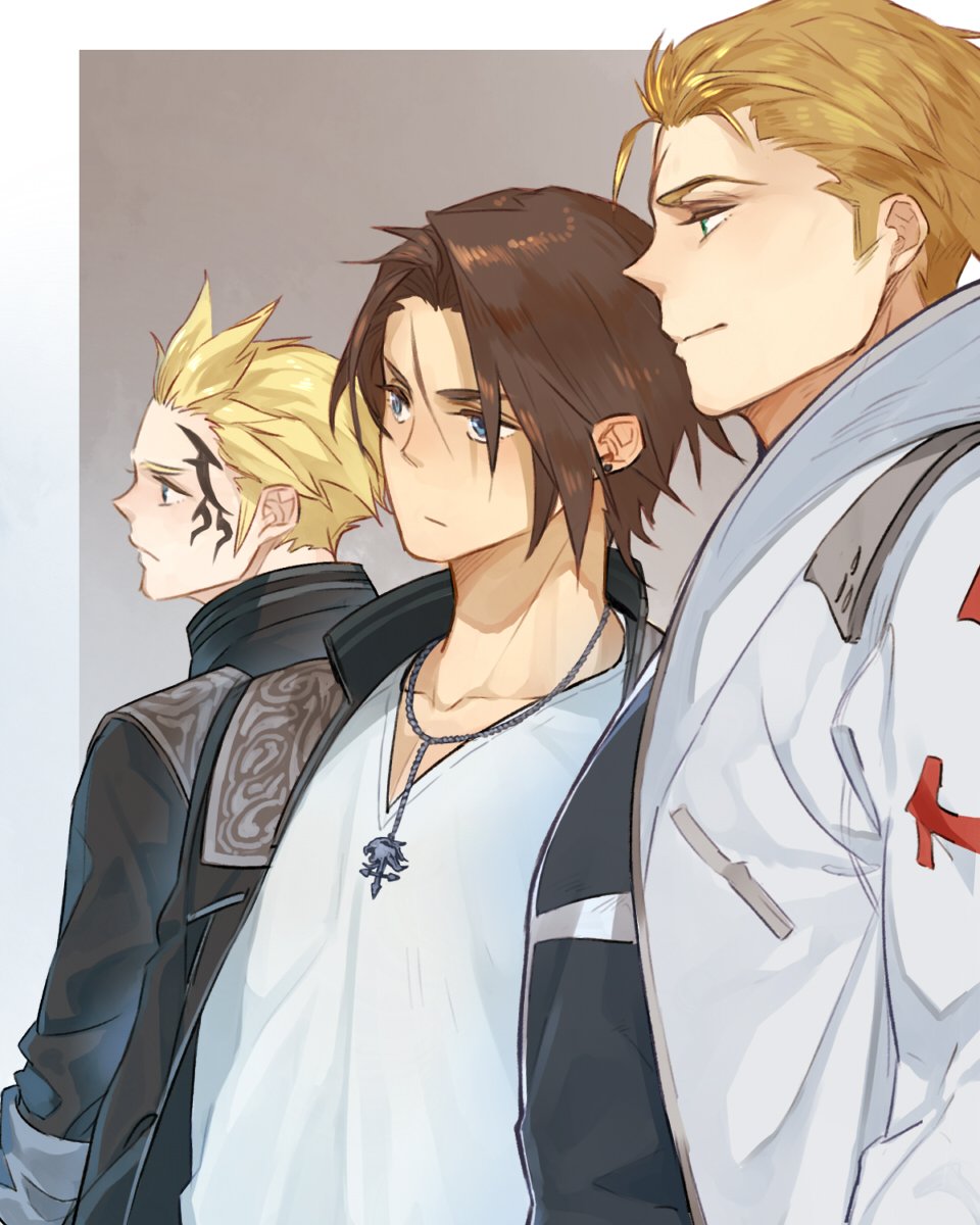 3boys black_jacket black_shirt blonde_hair blue_eyes border brown_background brown_hair chain_necklace coat facial_tattoo final_fantasy final_fantasy_viii highres jacket jewelry long_sleeves looking_to_the_side male_focus mohawk multiple_boys necklace nini_tw99 scar scar_on_face seed_uniform_(ff8) seifer_almasy shirt short_hair squall_leonhart tattoo upper_body white_coat white_shirt zell_dincht